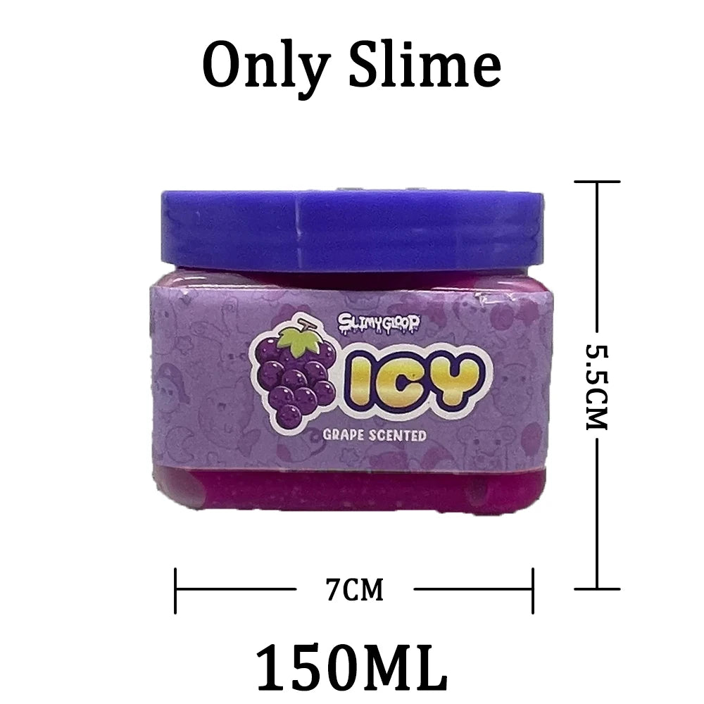 A purple jar of slime labeled ICY Grape Scented with a purple lid and dimensions 7cm by 5.5cm, containing 150ml.