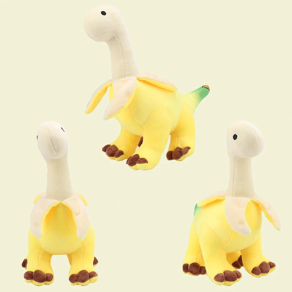 A yellow and white plush toy of a Brontosaurus dinosaur with soft features.