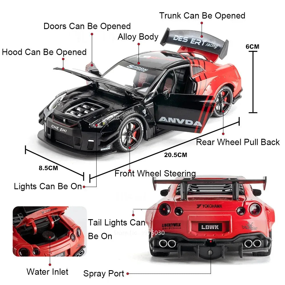 A black and red 1:24 scale diecast GTR sports car model with various features like opening doors, hood, trunk, and lights.