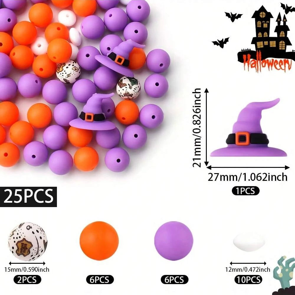 A set of 25 silicone beads in various colors and shapes for Halloween jewelry and crafting.