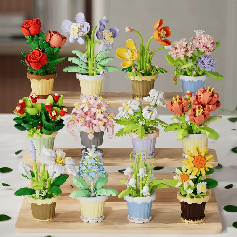 A collection of building block flower bouquet kits featuring roses and sunflowers in various colors and arrangements.