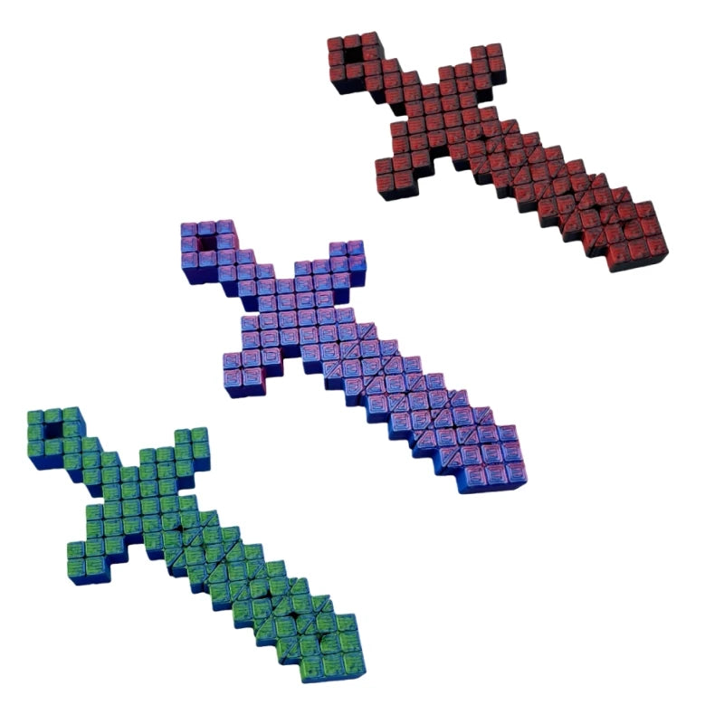 Three pixel art extendable swords in red, blue, and green with interlocking joints.