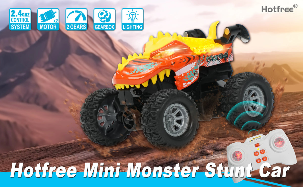 Mini RC Stunt Car with Dinosaur & Shark Designs, LED Lights, and Dual Speed
