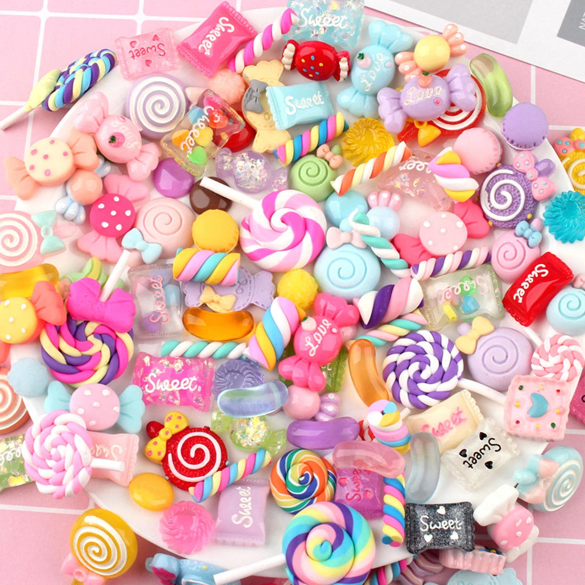A colorful set of 30 random resin sweets and candy slime charms for DIY crafting.
