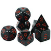 A set of black acrylic dice including a d20, d6, and d8, used for tabletop role-playing games.