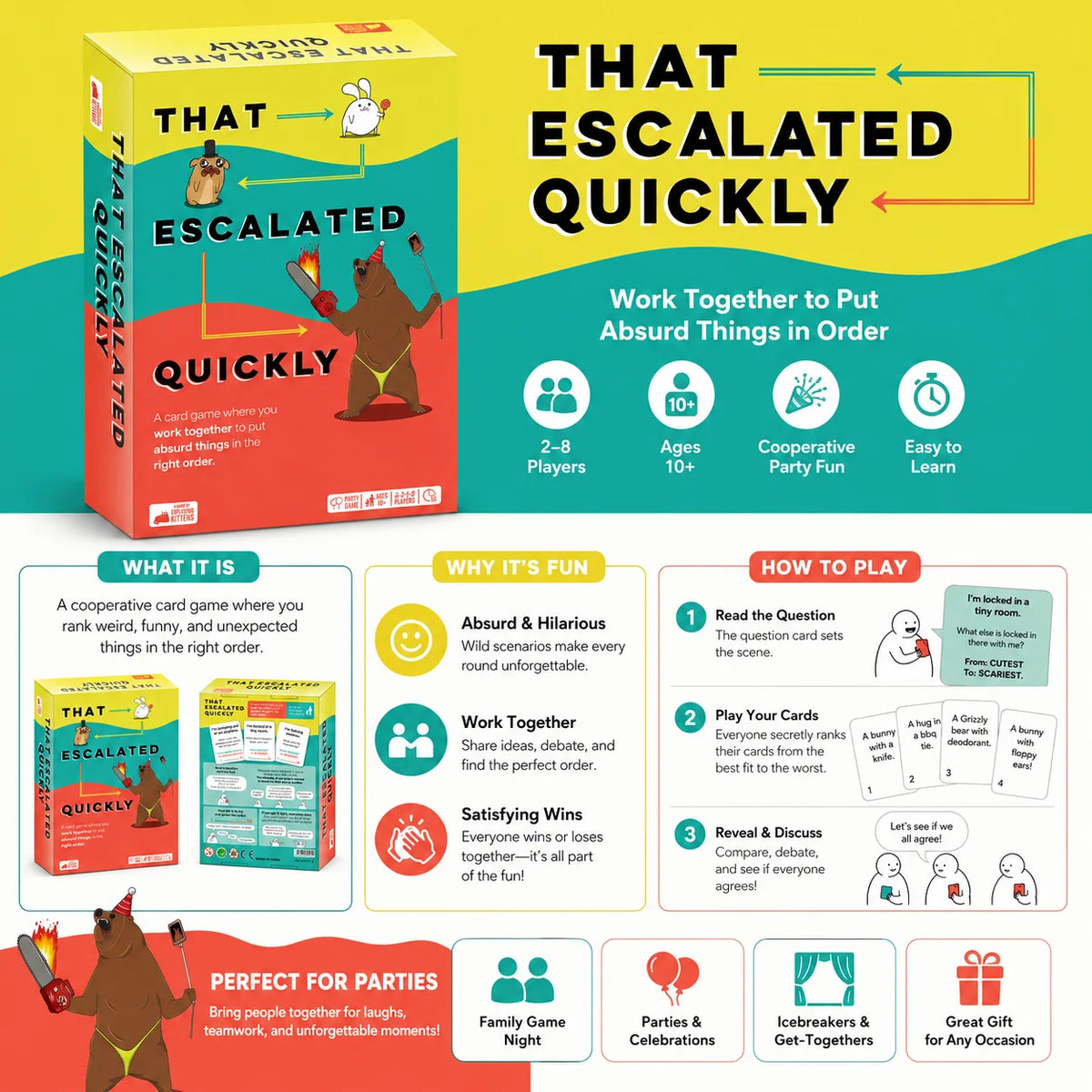 Box of That Escalated Quickly a cooperative card game featuring a brown bear character
