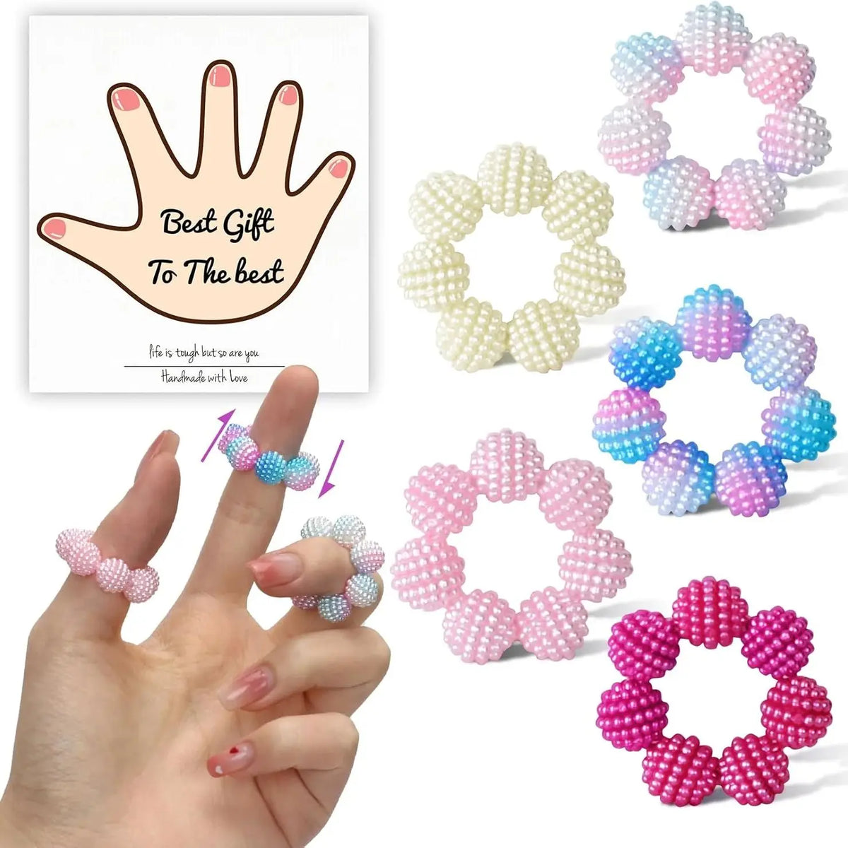 A hand displays several colorful beaded rings used for stress relief and a gift suggestion card.