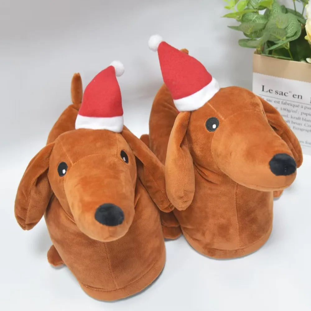 Two brown dachshund plush slippers with red and white Santa hats