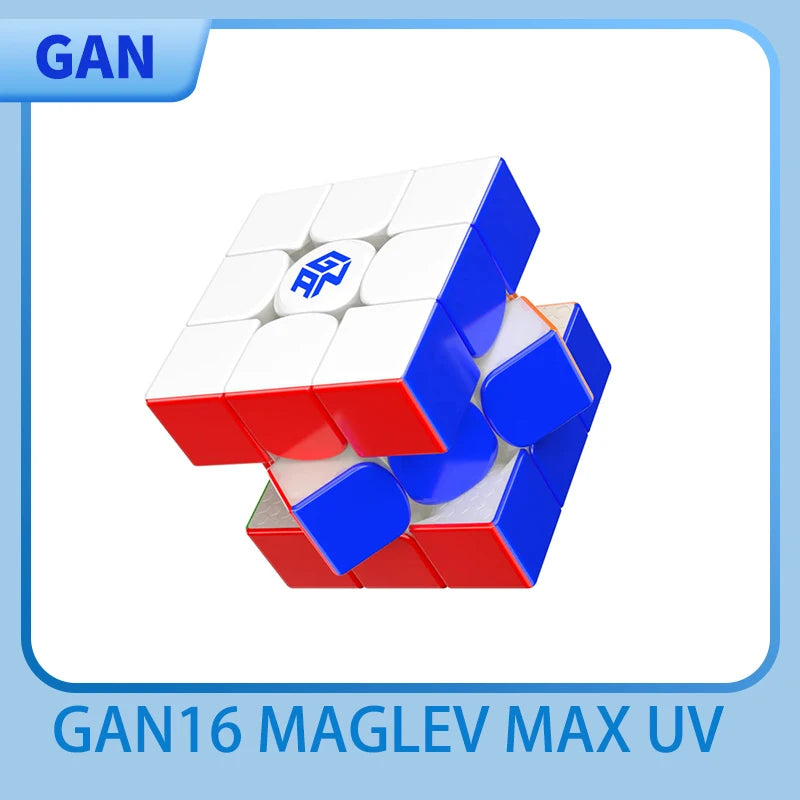 A red and blue magnetic speed cube labeled GAN16 Maglev Max UV