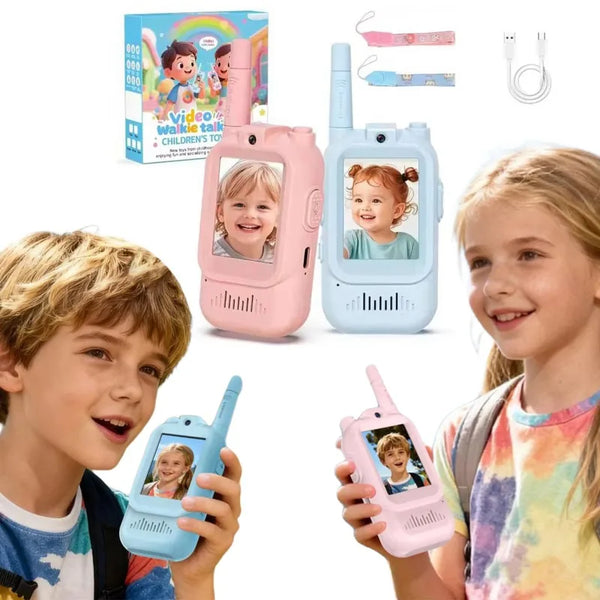 A set of pink and light blue kids' dual-function video walkie talkies, including a box and several handheld units.
