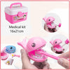 Pink kids doctor pretend play medical kit with stethoscope shown in various uses and packaging.