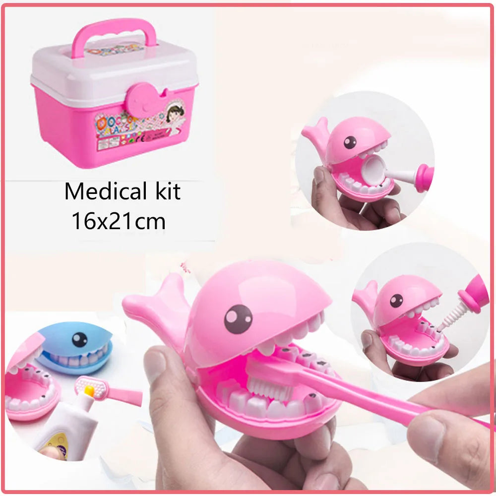 Pink kids doctor pretend play medical kit with stethoscope shown in various uses and packaging.