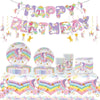 A colorful unicorn party supplies kit featuring a tiered cake decorated with rainbows and unicorns.