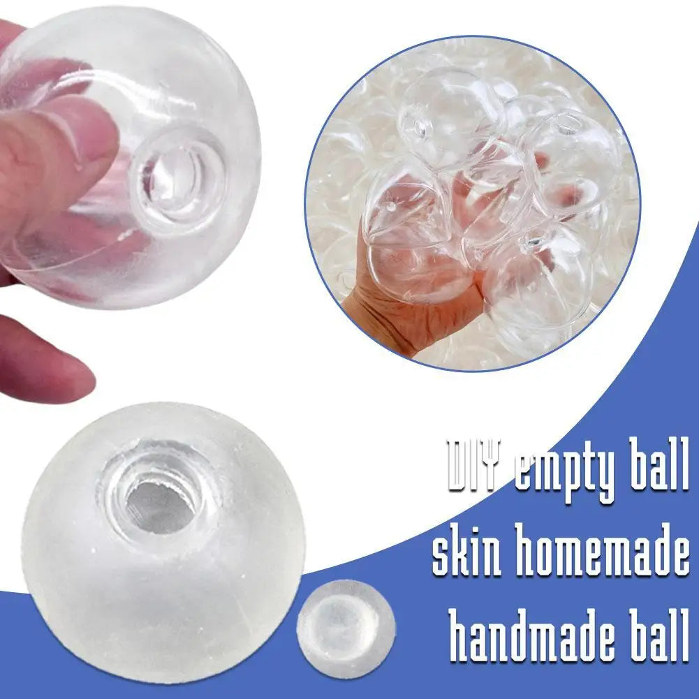 A clear silicone empty ball skin homemade handmade ball with a refillable shell shown in various angles.
