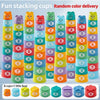 A set of colorful stacking cups with numbers, letters, and shapes for a fun educational game.