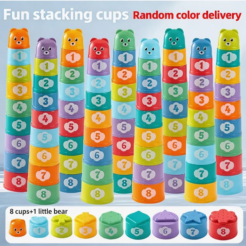 A set of colorful stacking cups with numbers, letters, and shapes for a fun educational game.