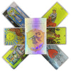 A set of holographic tarot cards featuring various imagery and suits.