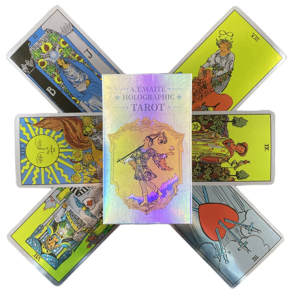 A set of holographic tarot cards featuring various imagery and suits.