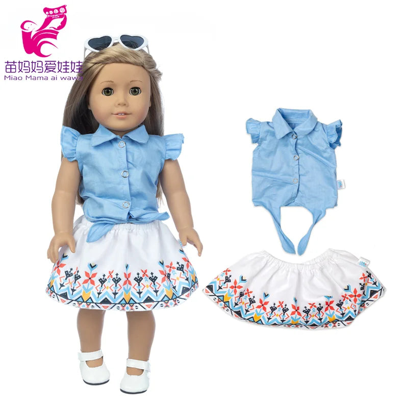A doll wearing a light blue office outfit set consisting of a blouse, skirt, and tights.