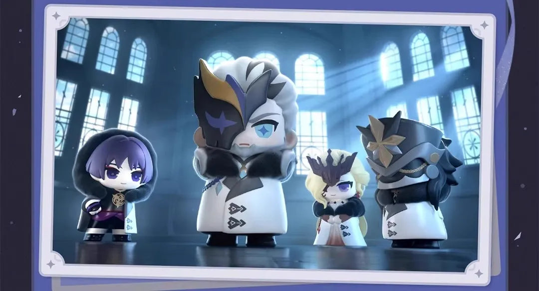 A collection of chibi figurines depicting Fatui Harbingers in various poses and outfits.
