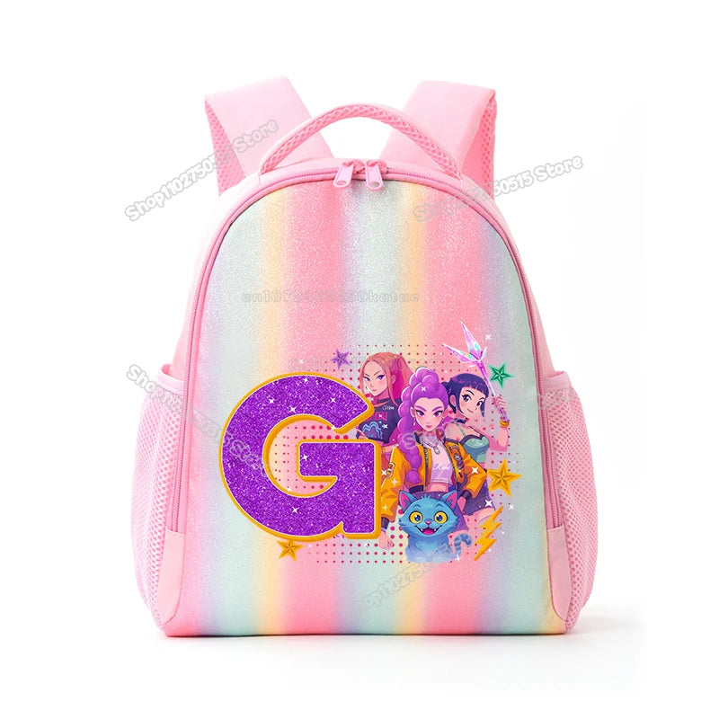 Pink backpack featuring a large purple letter G and anime characters on a rainbow background