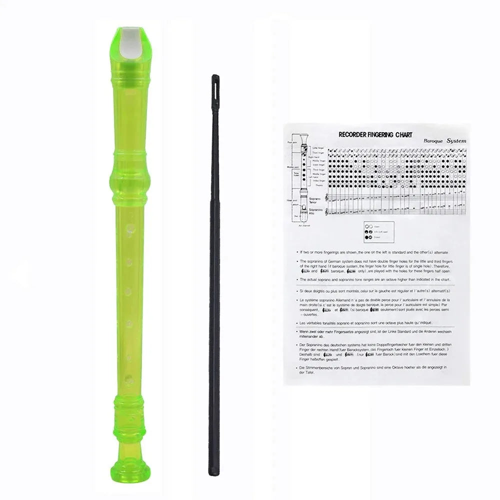 A green 8-hole soprano recorder with a cleaning rod and a fingering chart.