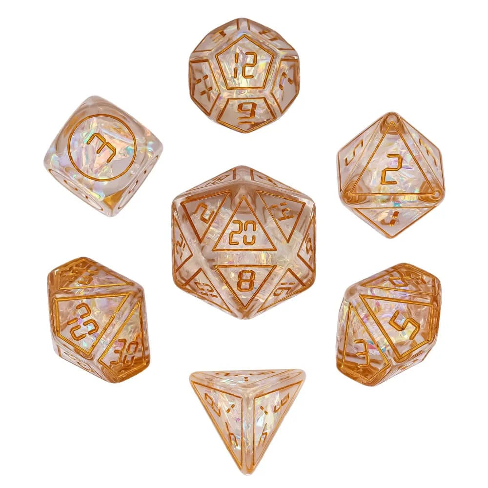 A set of seven resin polyhedral dice, including a d12 and d20, displayed in clear acrylic frames.