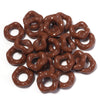 A pile of brown, donut-shaped acrylic spacer beads for jewelry making.