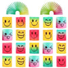 A set of twelve colorful stacking circles or play pieces in various shades of yellow, green, pink, and purple with smiley fac