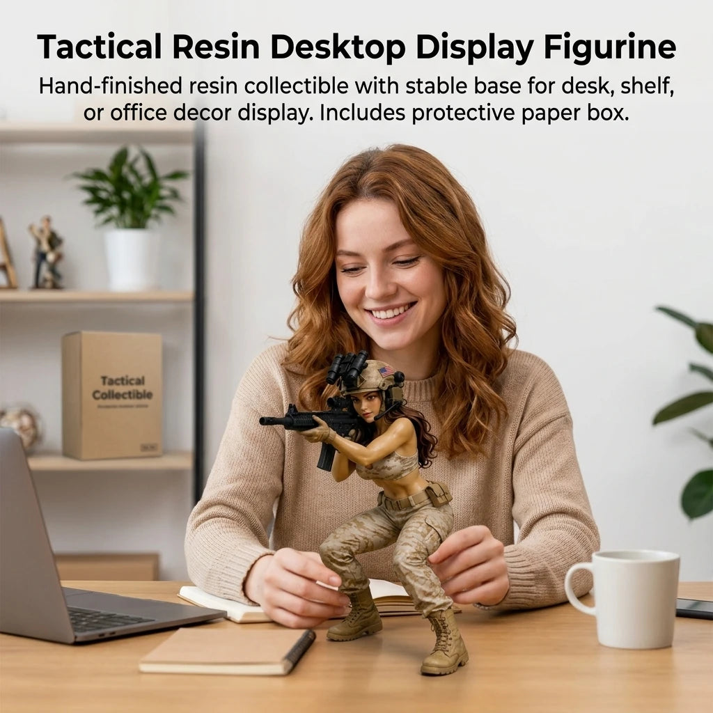 A woman holds a hand-finished resin tactical anime girl desk figurine on a wooden table.