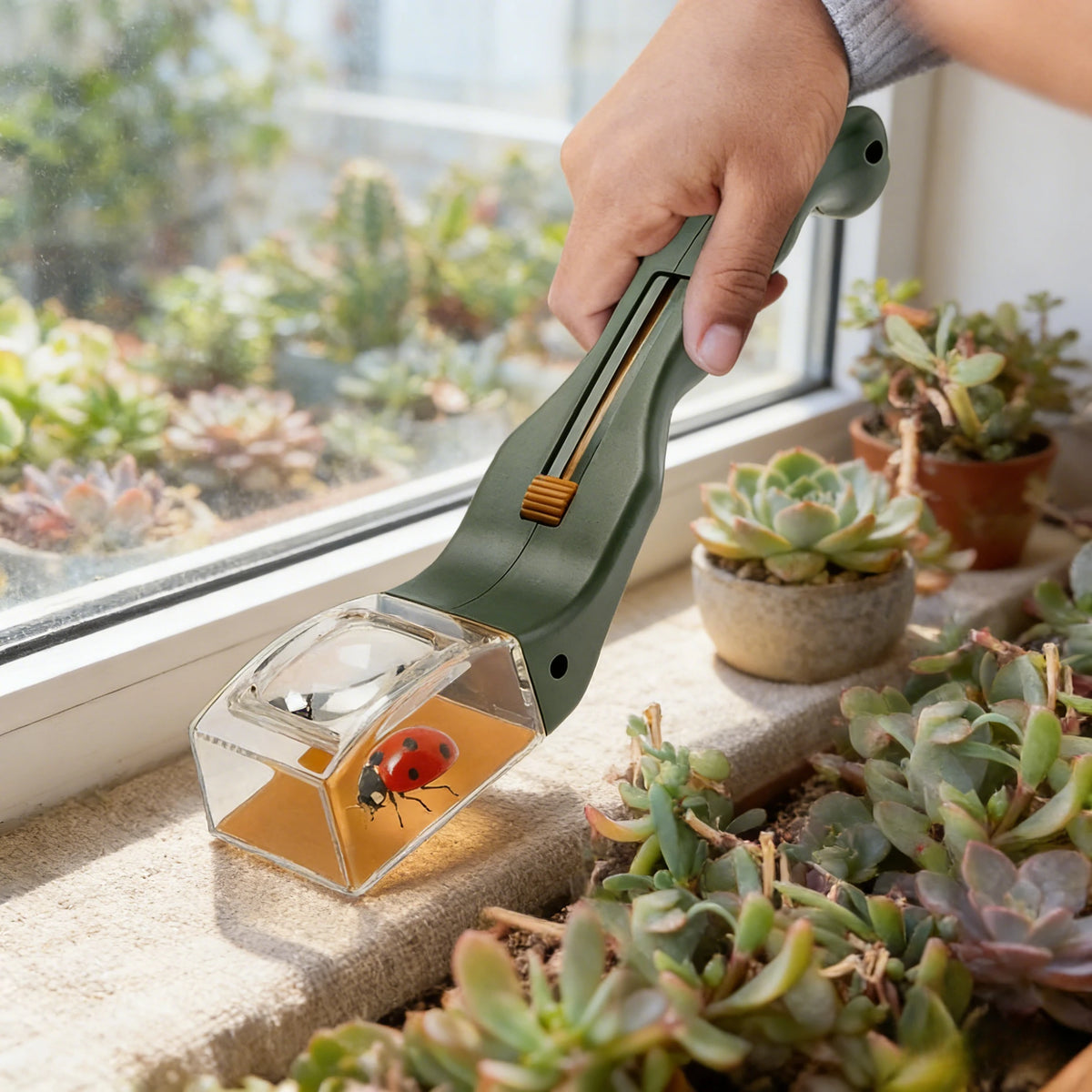 A hand holds a green handheld insect catcher with a magnifying lens, positioned near potted succulents by a window.