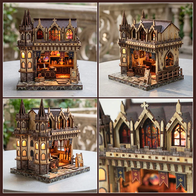 A detailed miniature kit of a wooden magic store cottage featuring architecture and furniture.