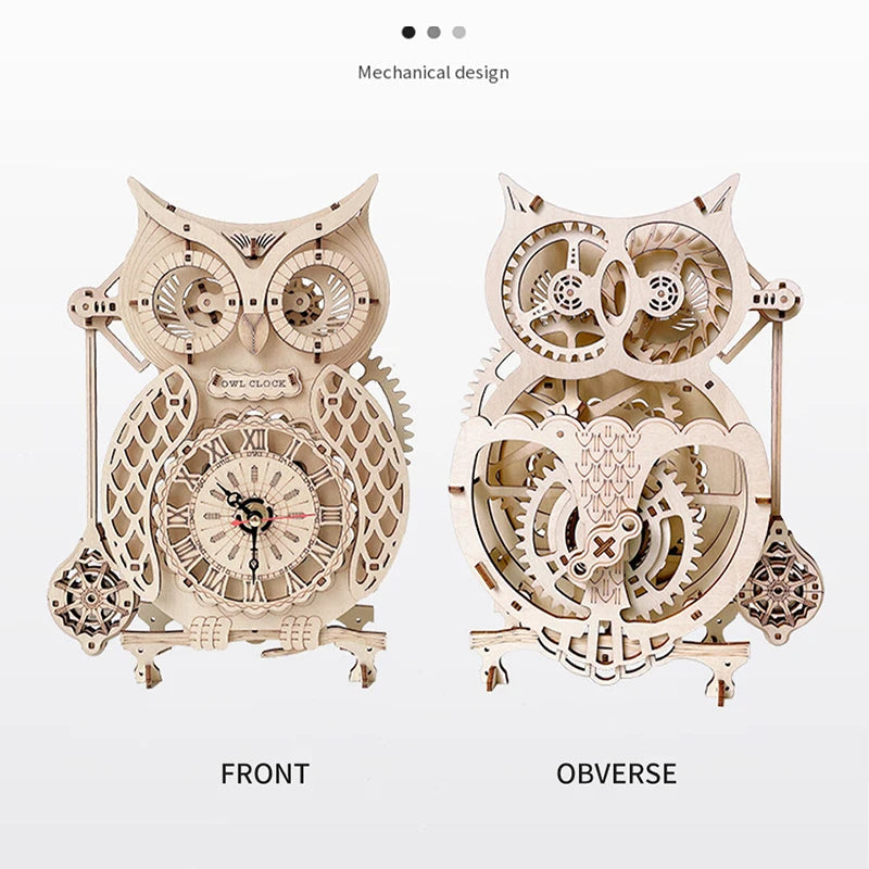 Front and obverse views of a wooden owl mechanical design wall clock DIY assembly kit