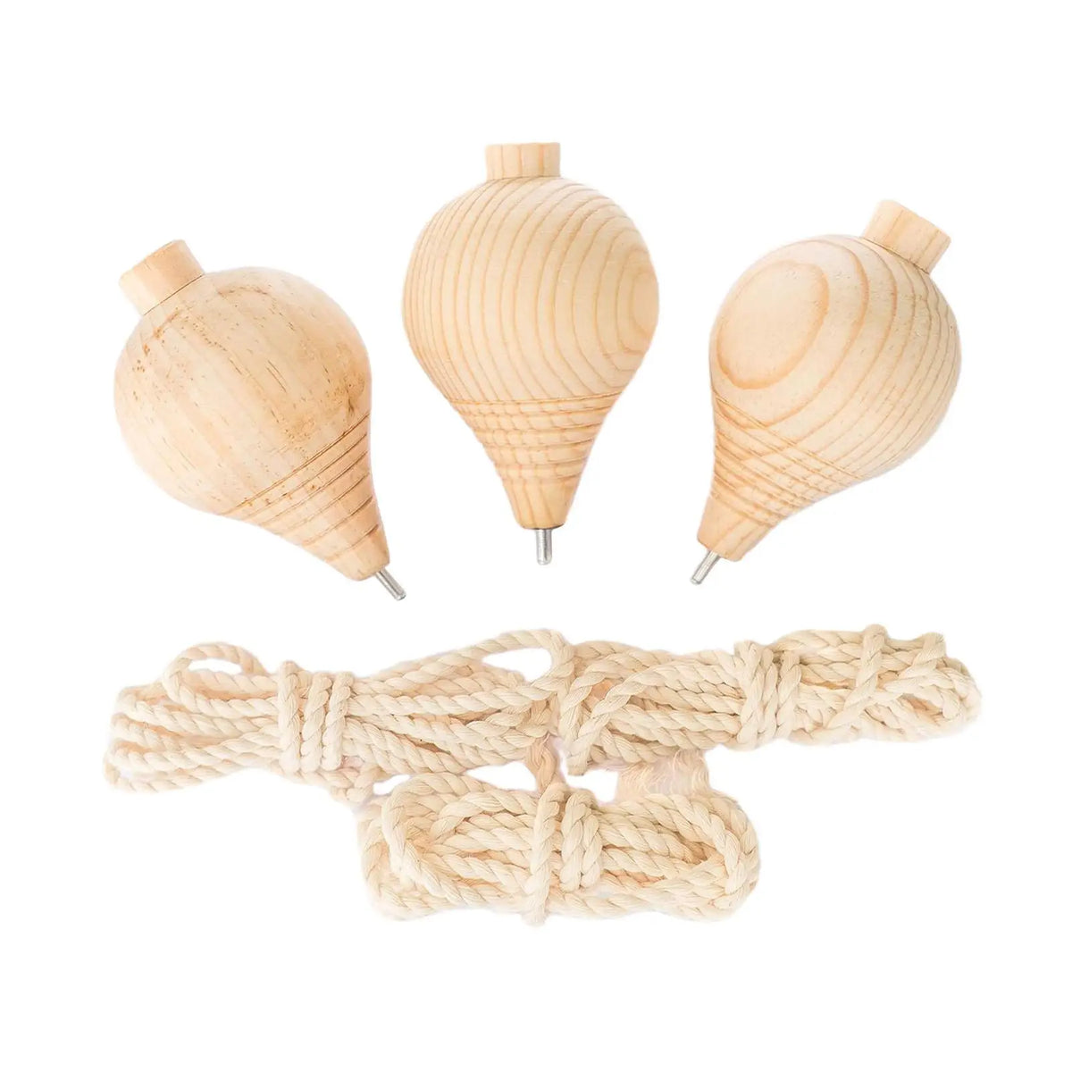 A set of three unfinished wooden spinning tops with steel points for paint your own craft toys