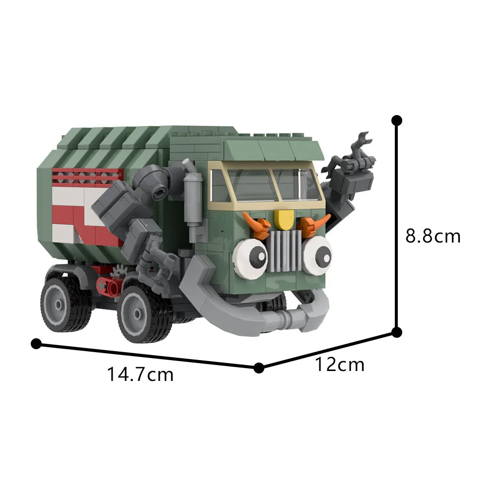 A green trash truck building block set with a working dump function.