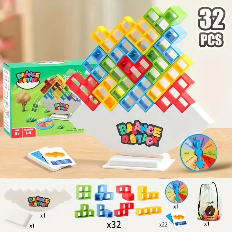 A set of 32 multi-sized building blocks in green, yellow, and blue are displayed next to the packaging.