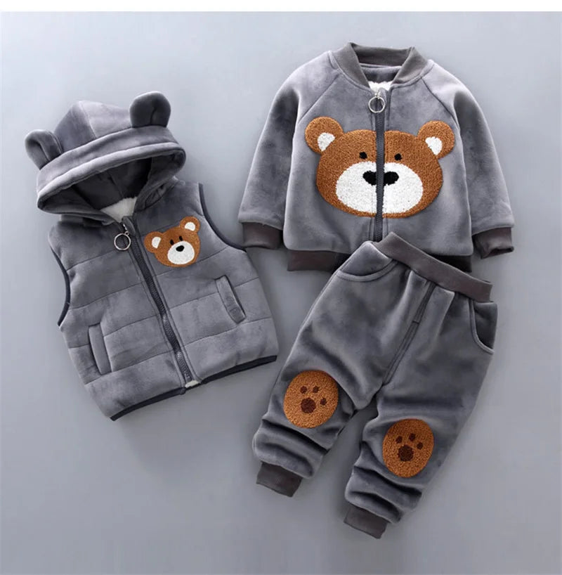 A gray fleece hooded sweater set for kids featuring a cartoon bear design on the front.