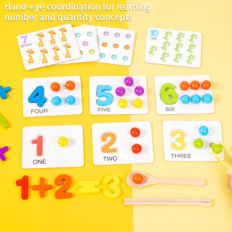 A set of wooden clip beads and number cards for hand-eye coordination learning number and quantity concepts.