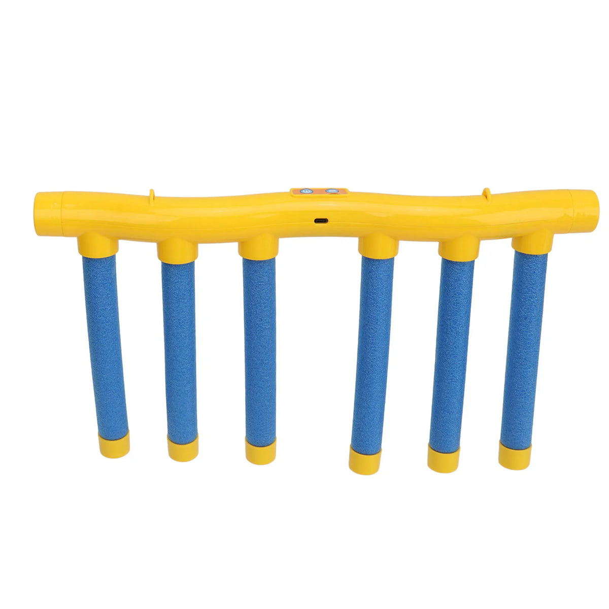 Une barre jaune avec dix poteaux bleus utilisée pour un jeu interactif de coordination de bâtons tombants.