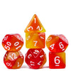 A set of seven translucent polyhedral dice in shades of orange, red, and yellow.