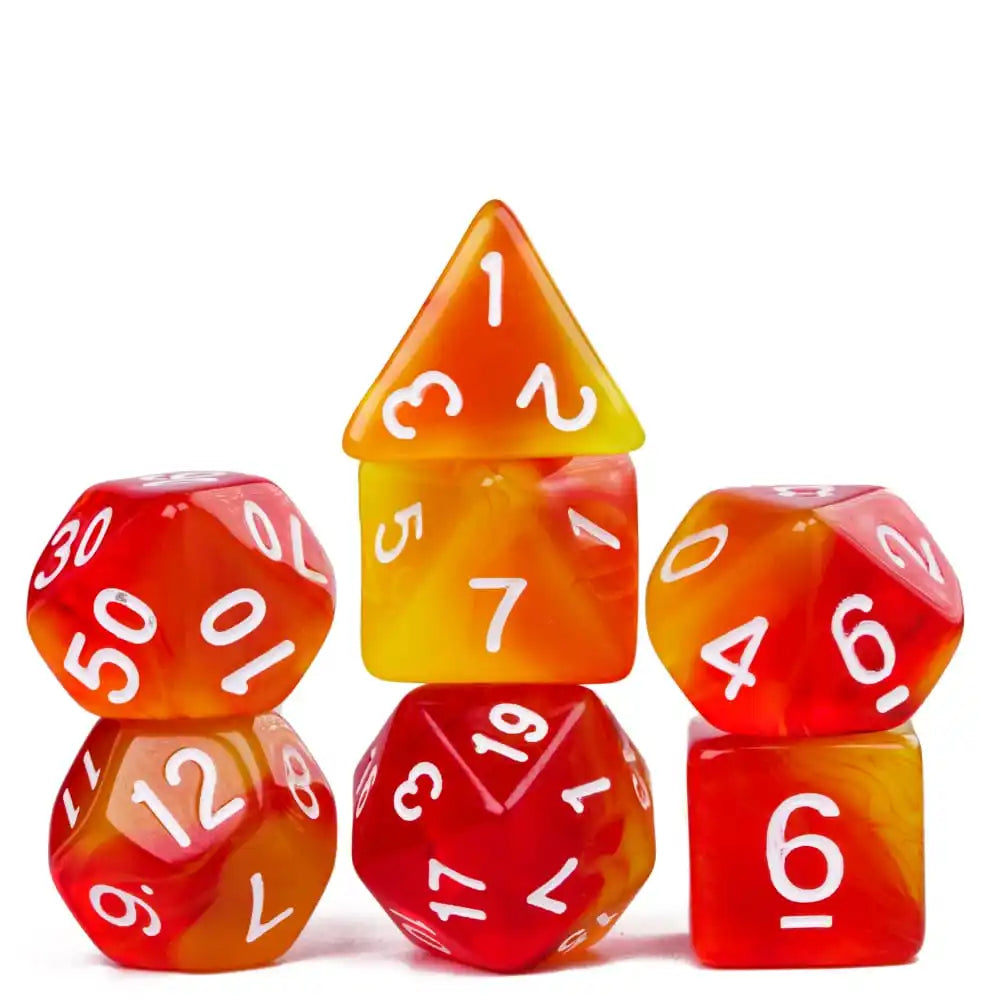 A set of seven translucent polyhedral dice in shades of orange, red, and yellow.
