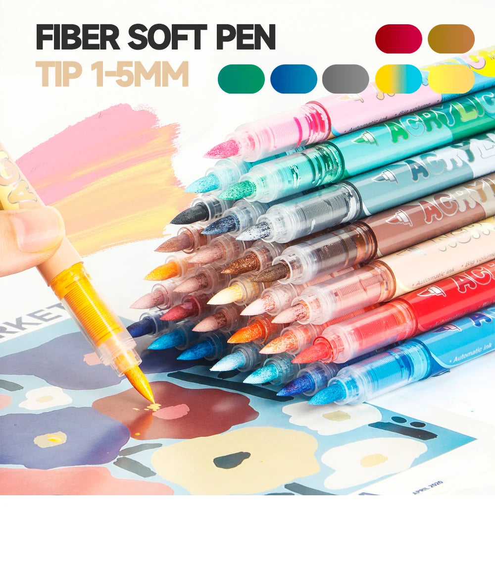 Acrylic Marker Set with Soft Brush Tips – 12 Colors