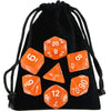 A black drawstring bag filled with transparent orange polyhedral dice for tabletop role-playing games