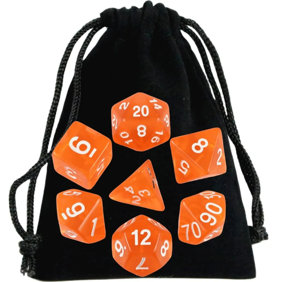 A black drawstring bag filled with transparent orange polyhedral dice for tabletop role-playing games