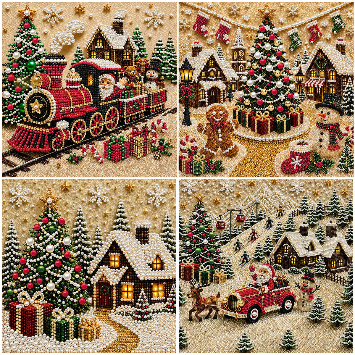 Christmas pearl diamond painting kit featuring festive scenes like trains, decorated trees, and winter landscapes.