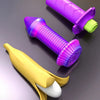 A purple and yellow stress relief toy featuring a banana-shaped handle and a katana blade.