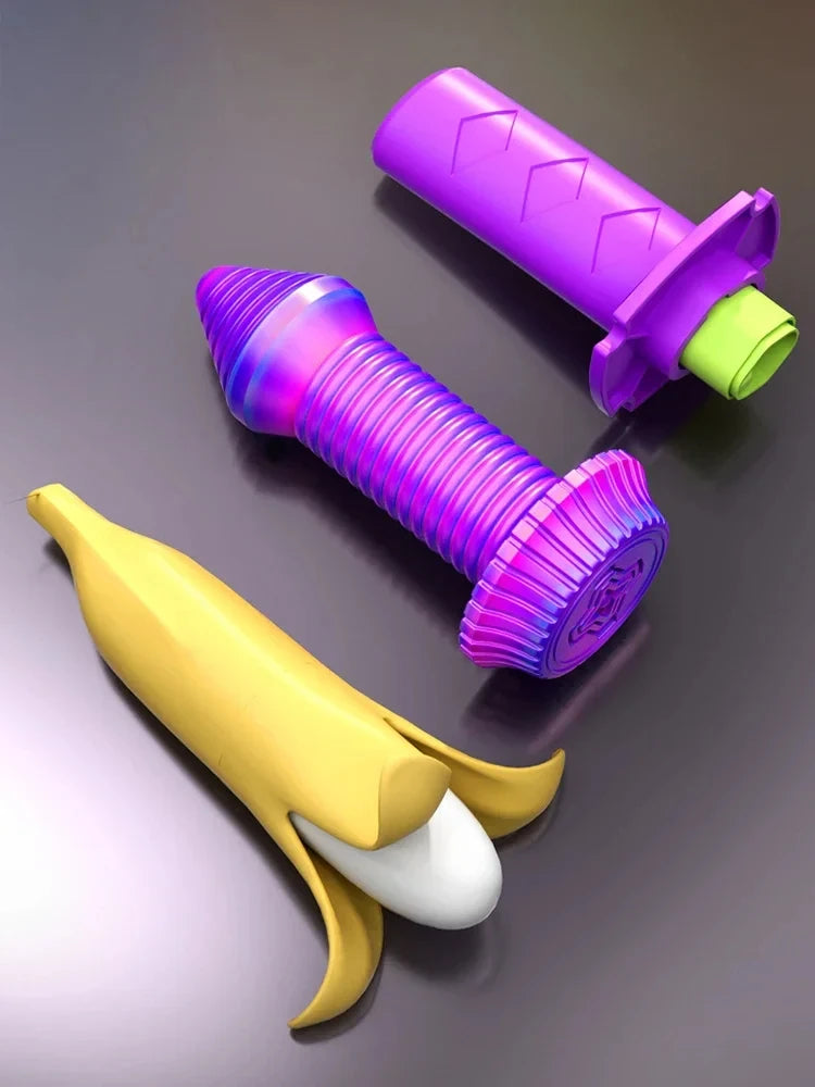 A purple and yellow stress relief toy featuring a banana-shaped handle and a katana blade.
