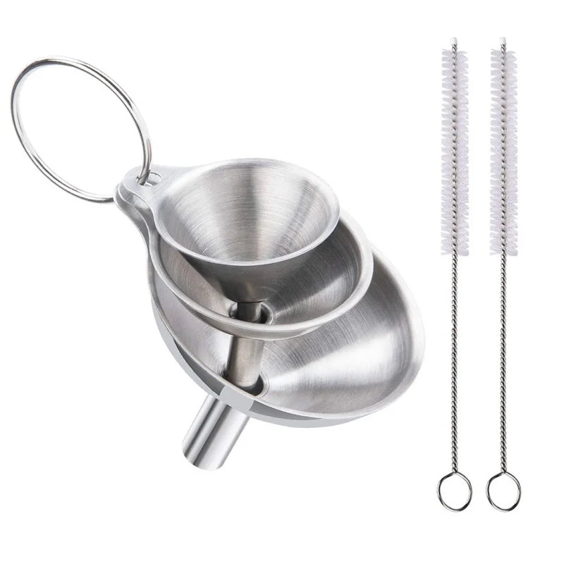 Stainless steel funnel set with three sizes and cleaning brushes