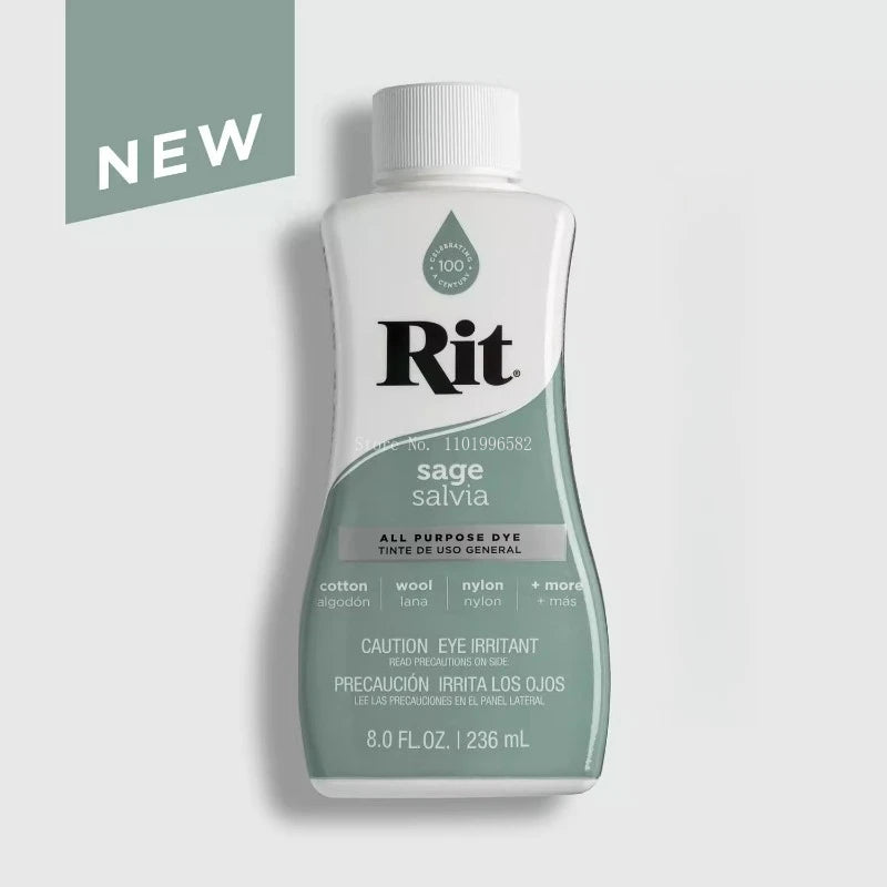 A bottle of Rit sage saliva multi-purpose fabric dye with a white cap and green liquid.