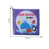 A purple fabric baby book titled Sea world featuring colorful sea creatures on a light blue background.